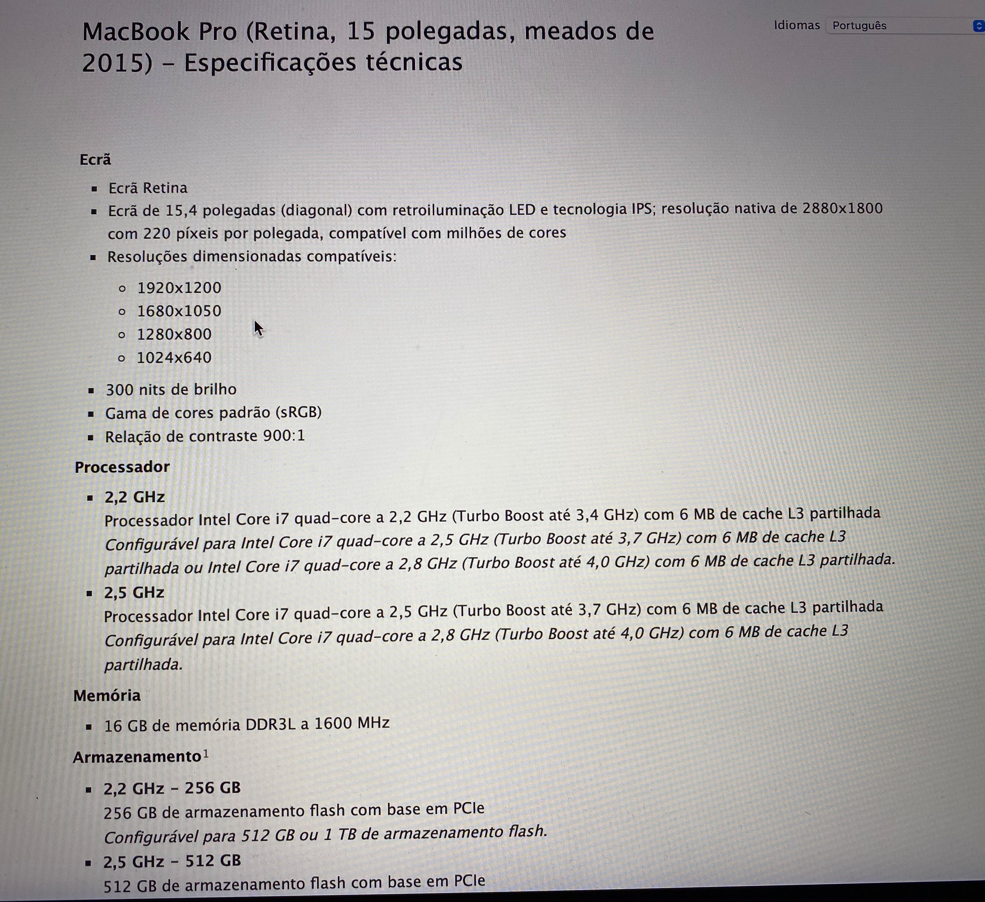 MacBook Pro (Retina, 15 polegadas, i7, 2015)