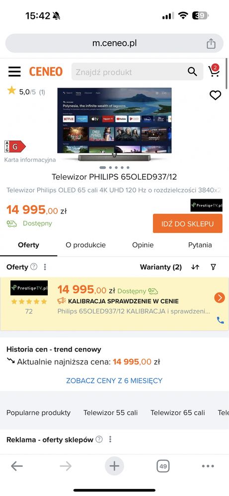 Telewizor PHILIPS 65OLED937/12 nowy oled telewizor lezak magazynowy