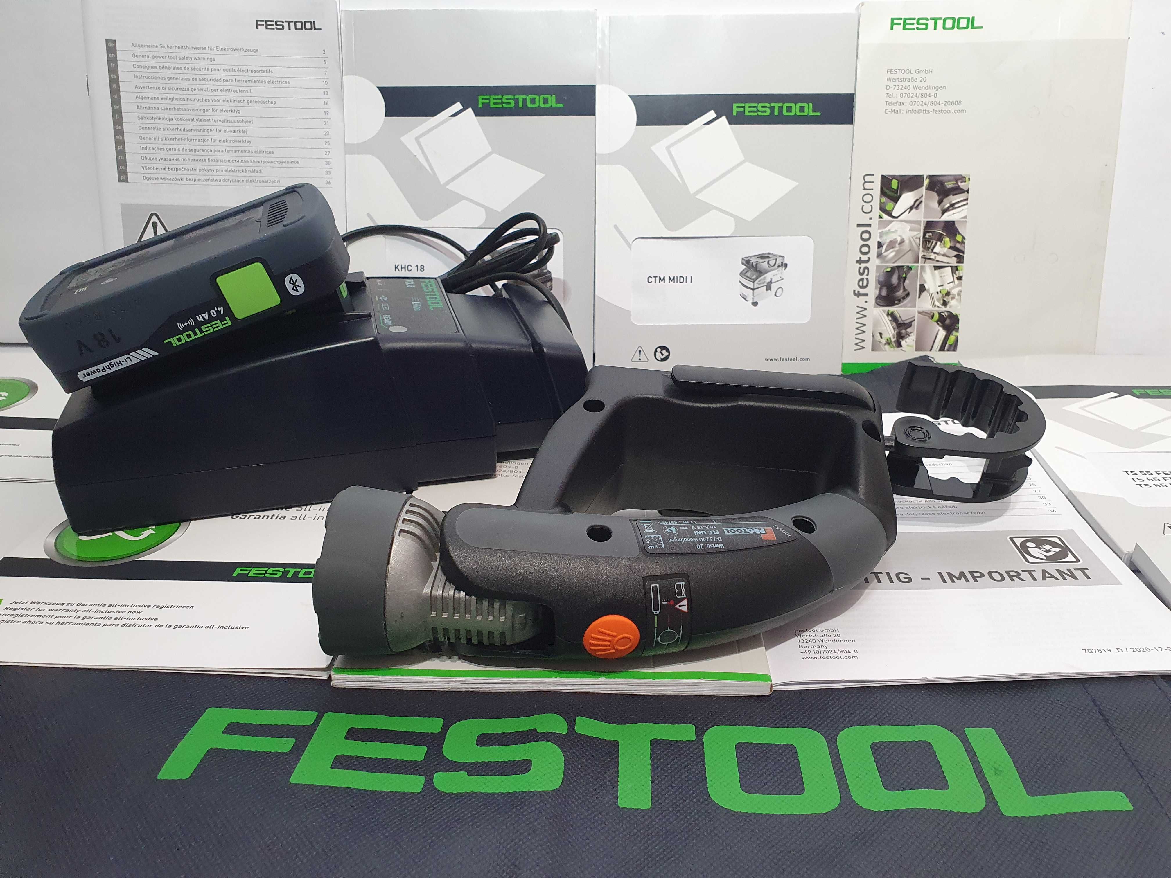 Duzy zestaw Protool Festool latarka FLC UNI,bateria 18v 4ah, ladowarka
