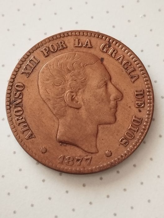Moeda de 10 Cêntimos 1877 de Espanha em Bronze, pouco circulada