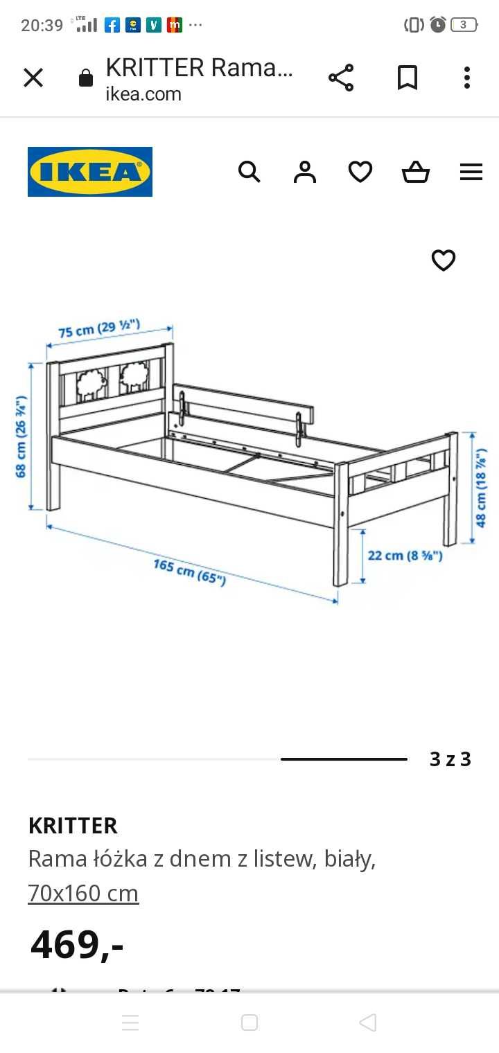 Łóżko dziecięce IKEA-KRITTER,  białe, 70*160 cm.