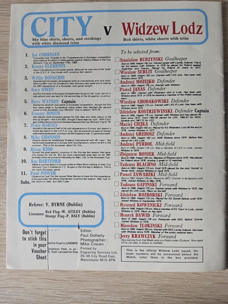 Manchester City  - WIDZEW ŁÓDŹ program meczowy w Idealnym Stanie.