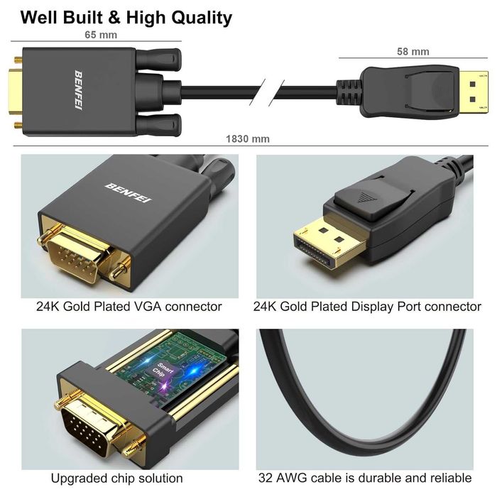 BENFEI Kabel DisplayPort do VGA port wyświetlacza 1,8m