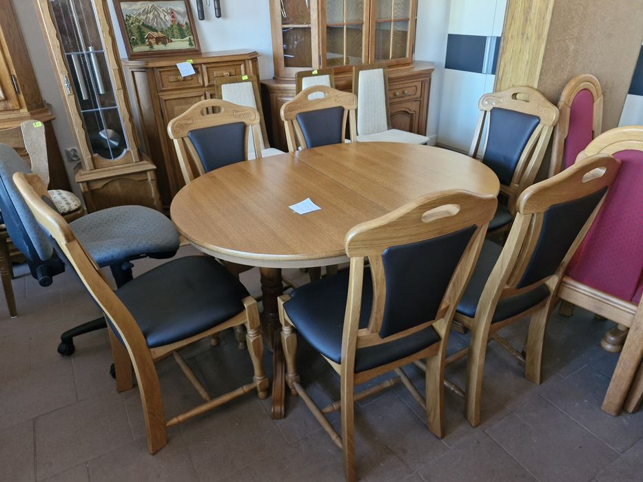 Stół owalny rozkładany 130-175 cm szer. 95 cm + 6 krzeseł skóra