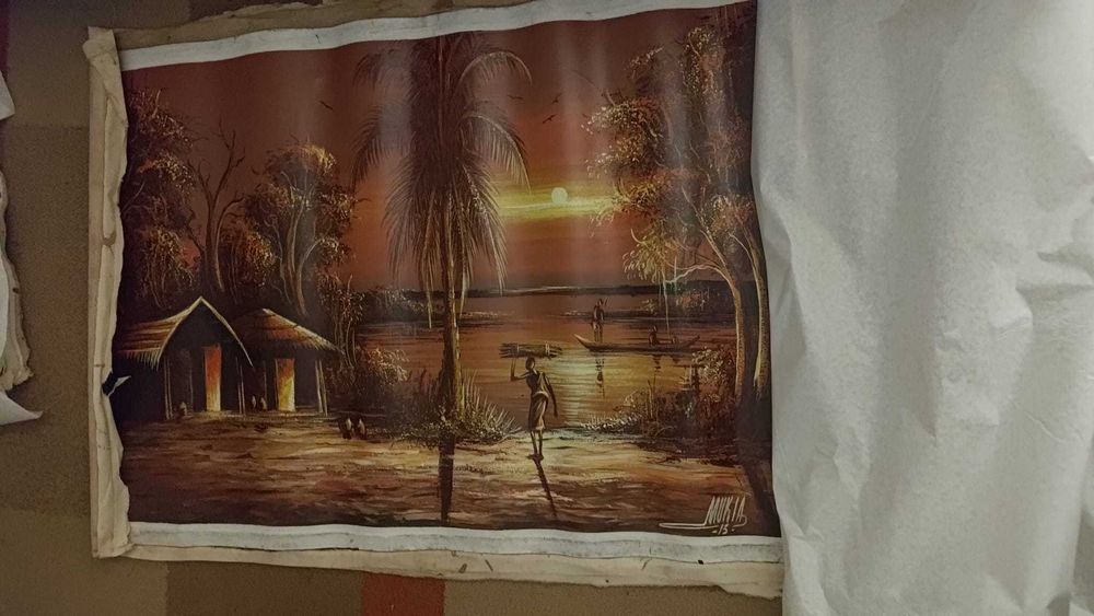 Pintura africana em tela – Pôr-do-sol junto ao rio em Angola