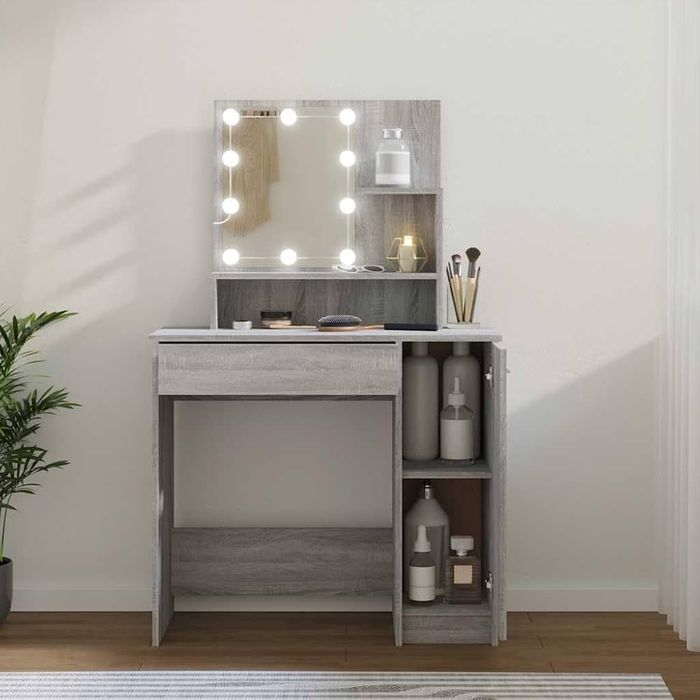Toaletka z LED z lustrem / biurko, szary dąb sonoma