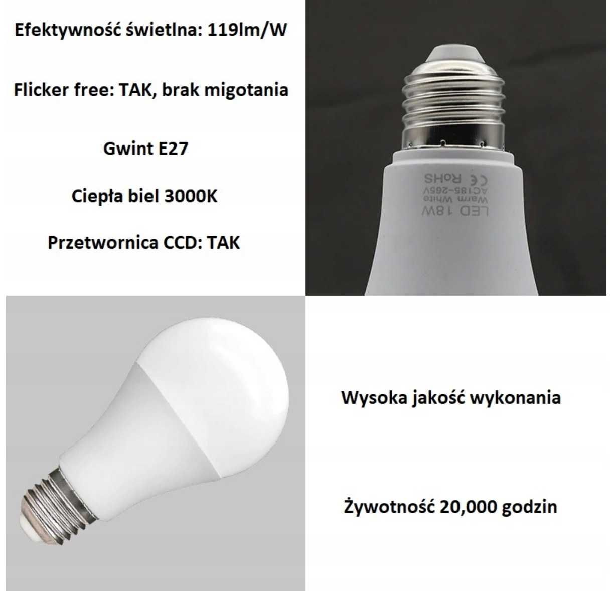 Żarówka LED E27 A65 12W=85W 2835 SMD 1428LM CCD