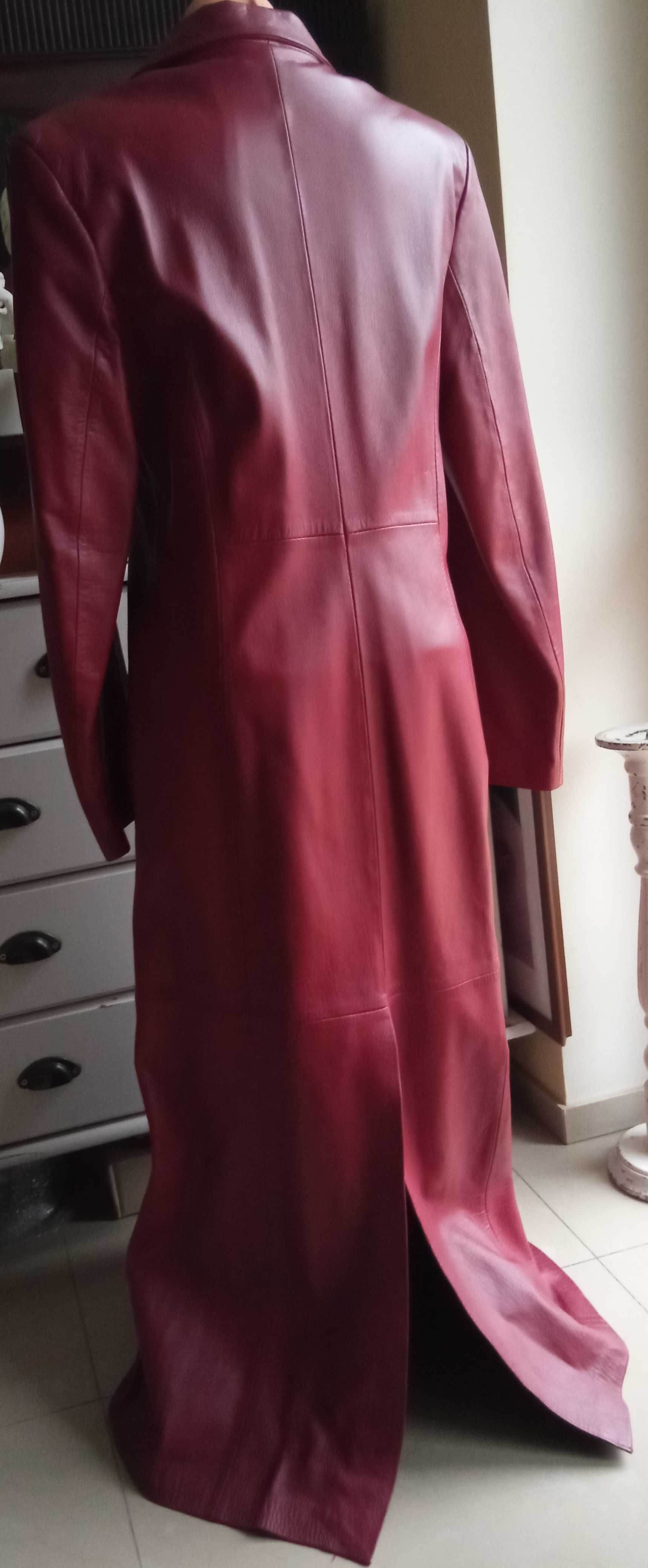 Płaszcz skóra naturalna bordo burgund 106cm pachy 44 maxi z podpinką