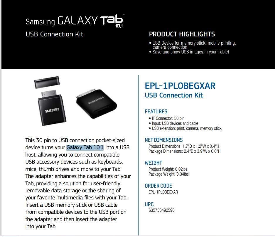 Адаптер USB  Samsung EPL-1PLRBE для Galaxy Tab