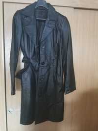 Długi czarny płaszcz damski skórzany pasek skóra kurtka M 38