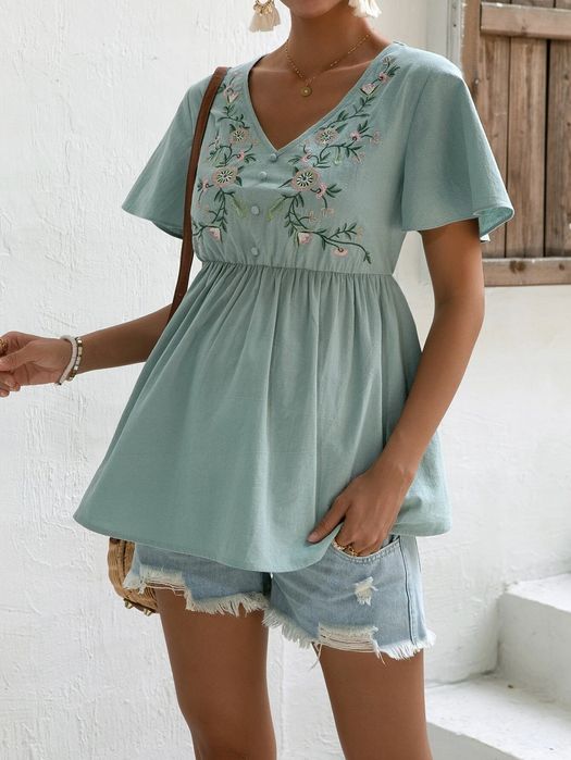 Bluzka Ciążowa Z Haftami W Kwiaty Boho Z Baskinką Casual Shein Xxl 44