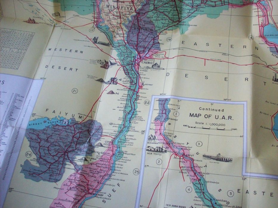 Mapa Egiptu z sylwetkami zabytków, stara, 1971.