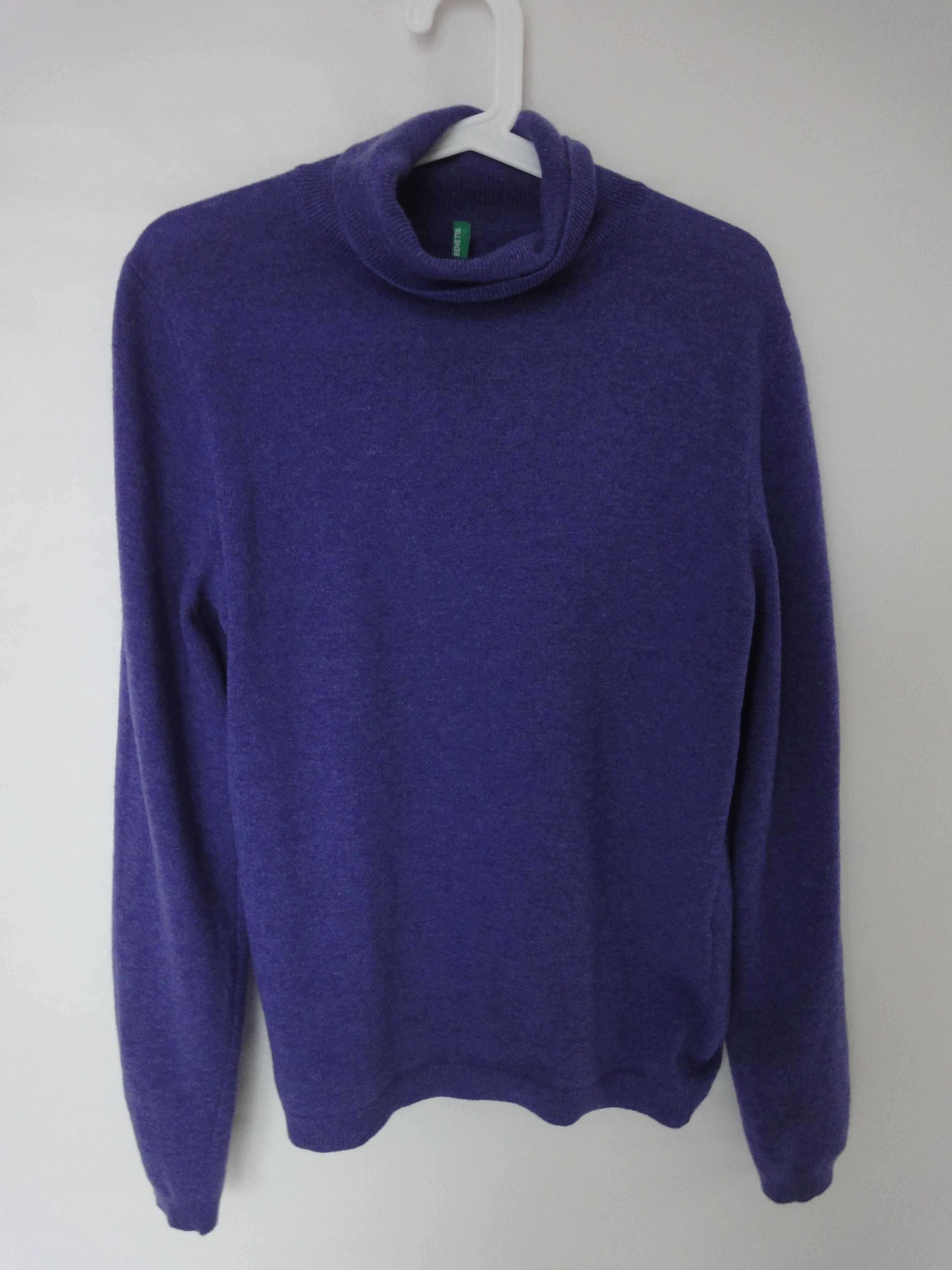 Jagodowy rozbielony damski sweter golf - kaszmir 100% Benetton L