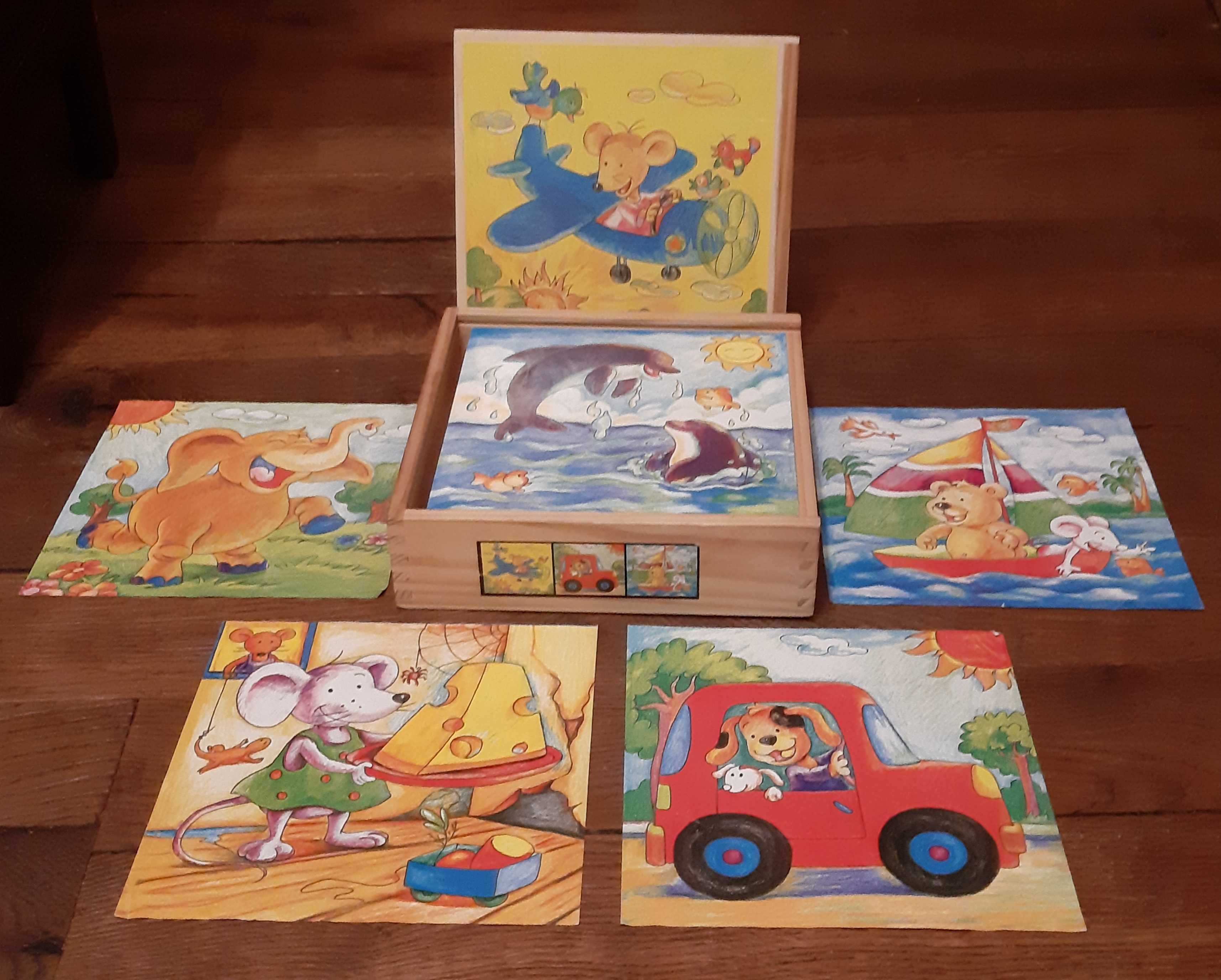Klocki drewniane dla dzieci: zwierzęta. 16 el., 6 obrazków. Super stan
