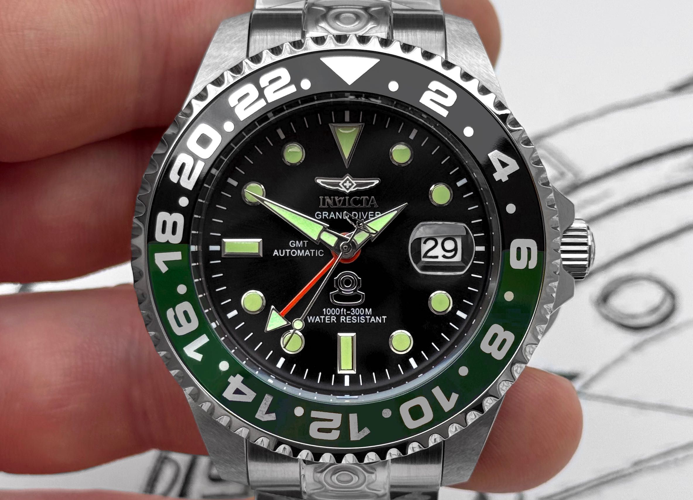 Годинник Invicta 45667 Grand Diver Automatic GMT Green 47 мм. 300 MT.