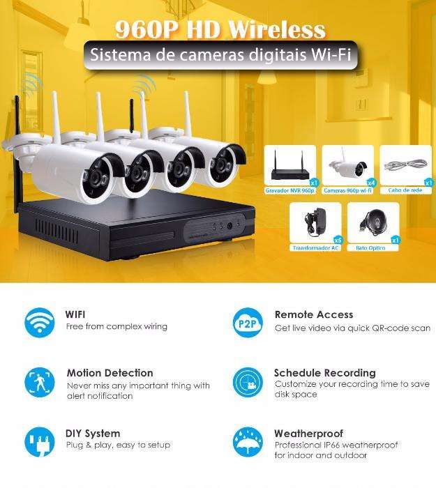 KIT sistema video vigilancia 4 cameras HD sem fios wireless 960p wifi