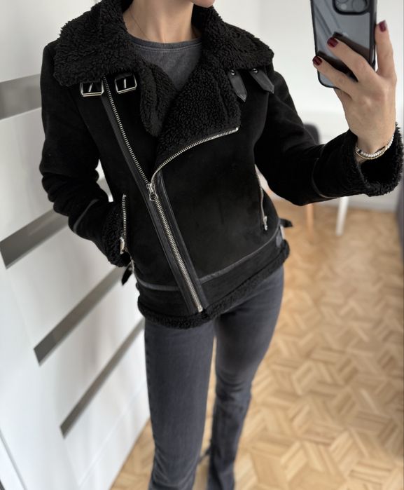 Czarna kurtka zimowa ramoneska biker teddy ZARA rozmiar S 36