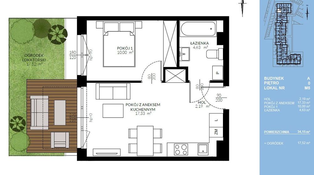 2-pokojowe mieszkanie 34m2 + ogródek 17m2