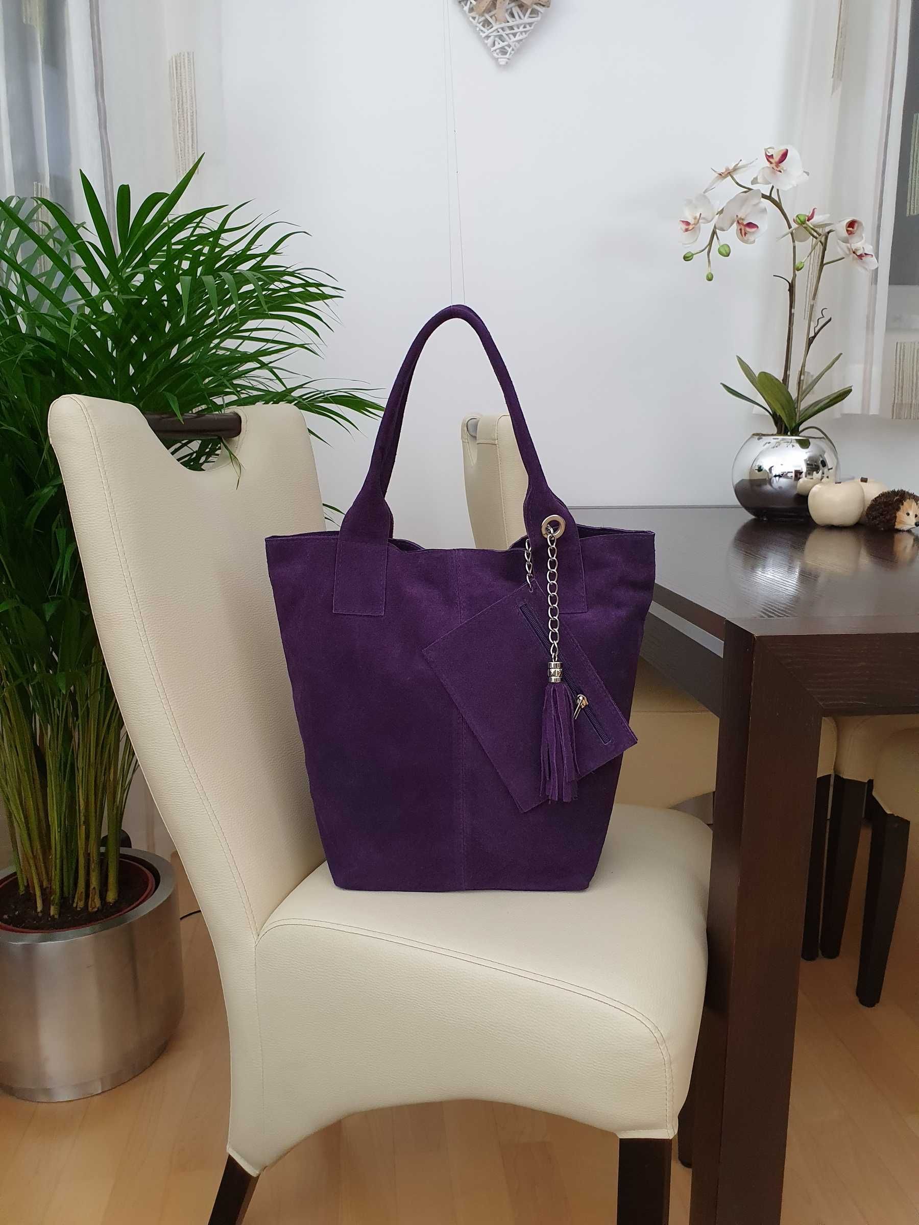 VERA PELLE torebka zamszowa worek shopper z suwakiem V146 j.szara