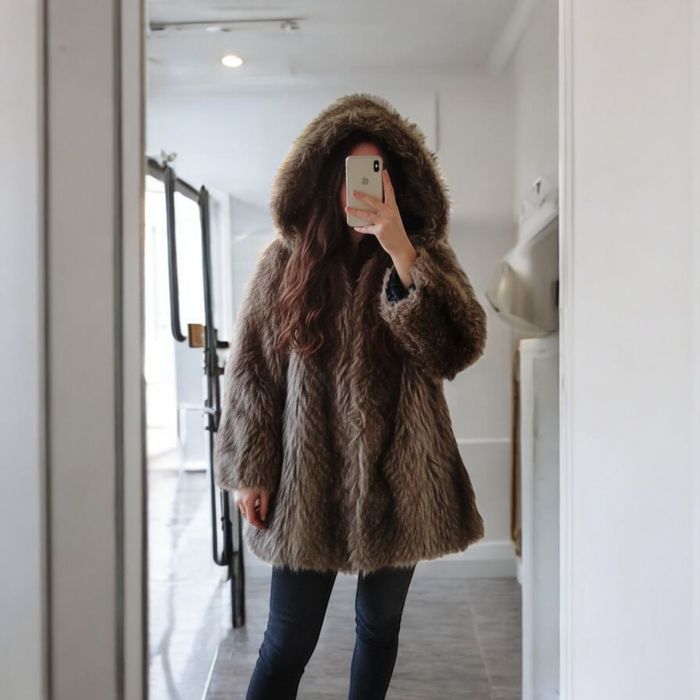 Futro naturalne z kapturem vintage płaszcz damski