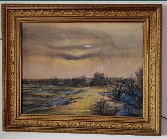 Obraz pastele w pięknej ciężkiej ramie za szkłem.