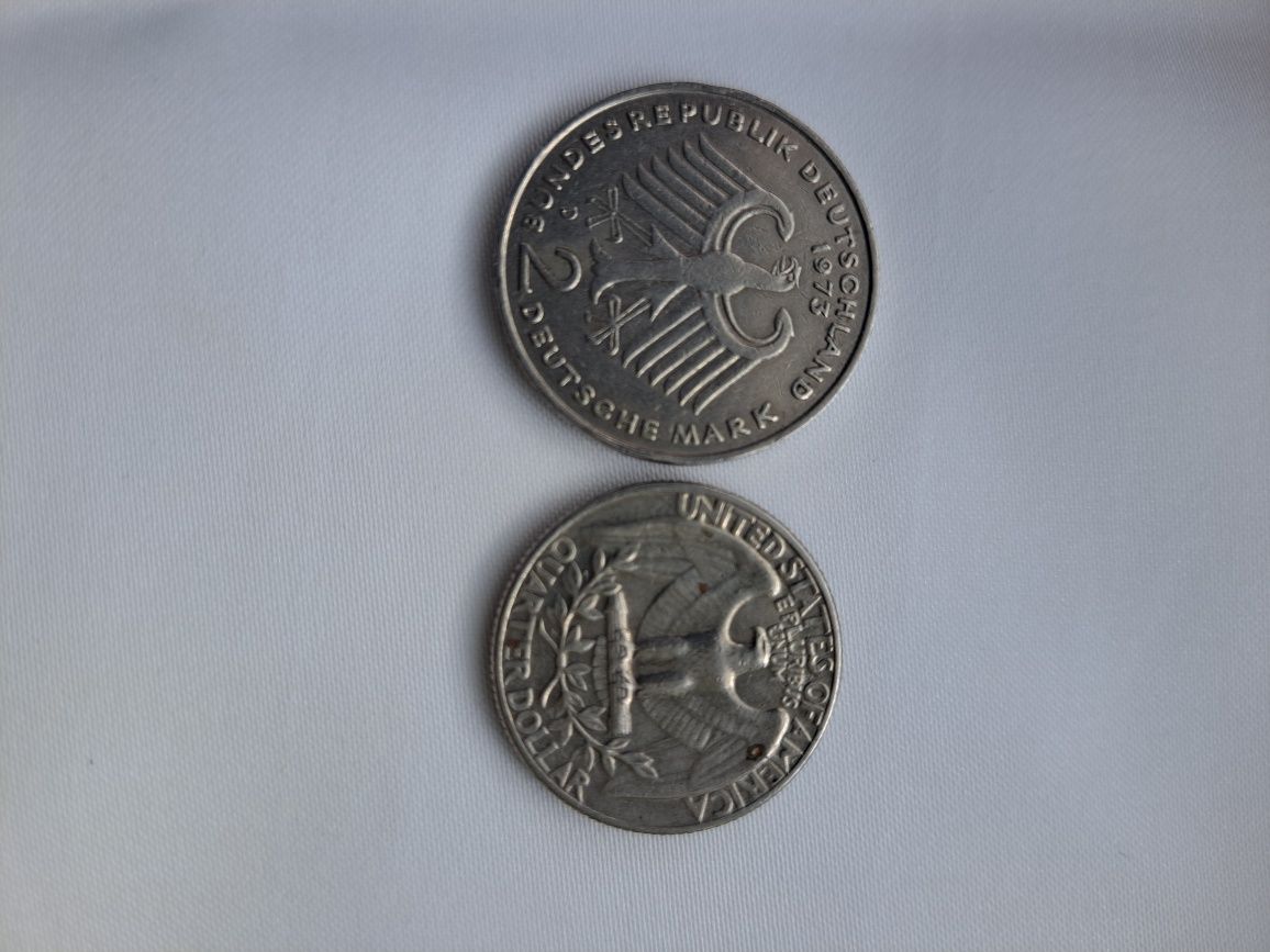 Монеты. 2 Deutsche mark 1973 г, четверть доллара  1965 г.
