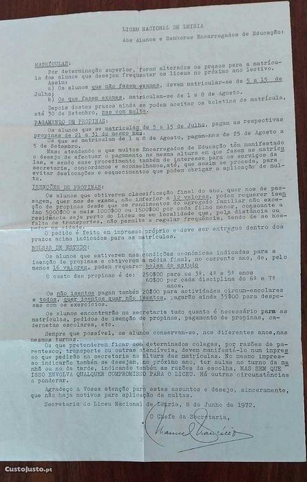 Antigo Regulamento de Matriculas do Liceu Nacional de Leiria (1972)