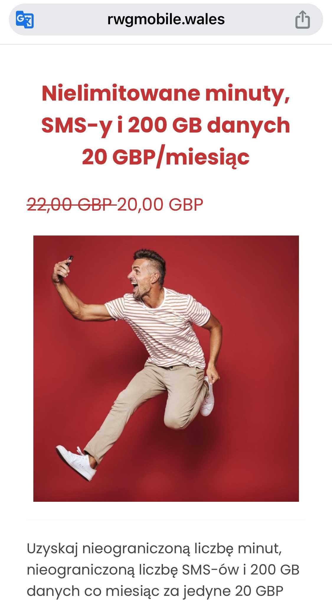 RWG MOBILE SIM Karta Prepaid 20 GB UE Doładowanie £15