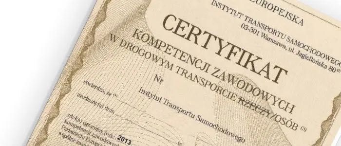Certyfikat Kompetencji Zawodowych Transport Rzeczy / Osób