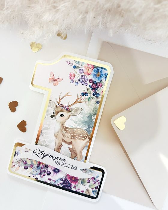 Zaproszenia w kształcie jedynki na roczek sarenka