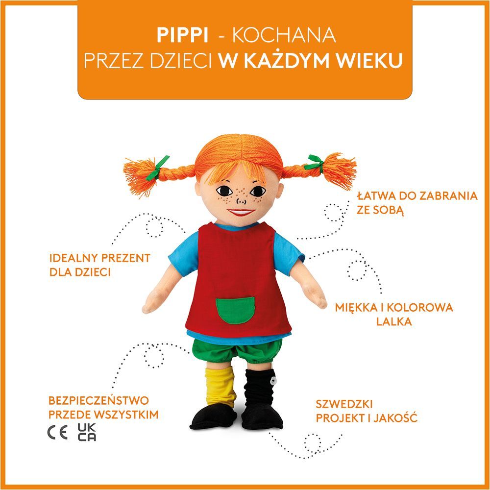 Miękka lalka Pippi Langstrumpf 20 cm, przytulanka, zabawka dla dzieci,