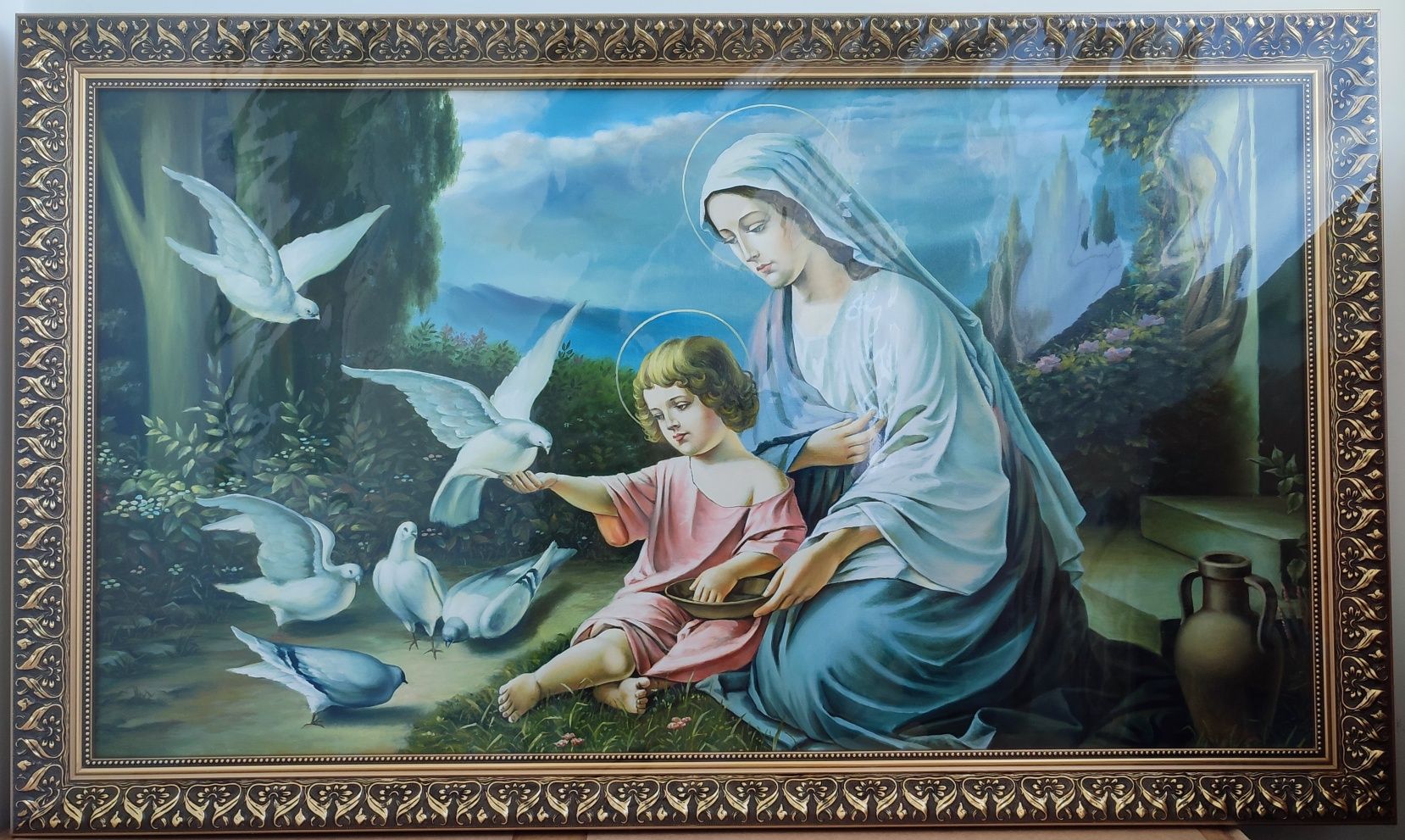 Ікона Діва Марія з Ісусом годують голубів, образ