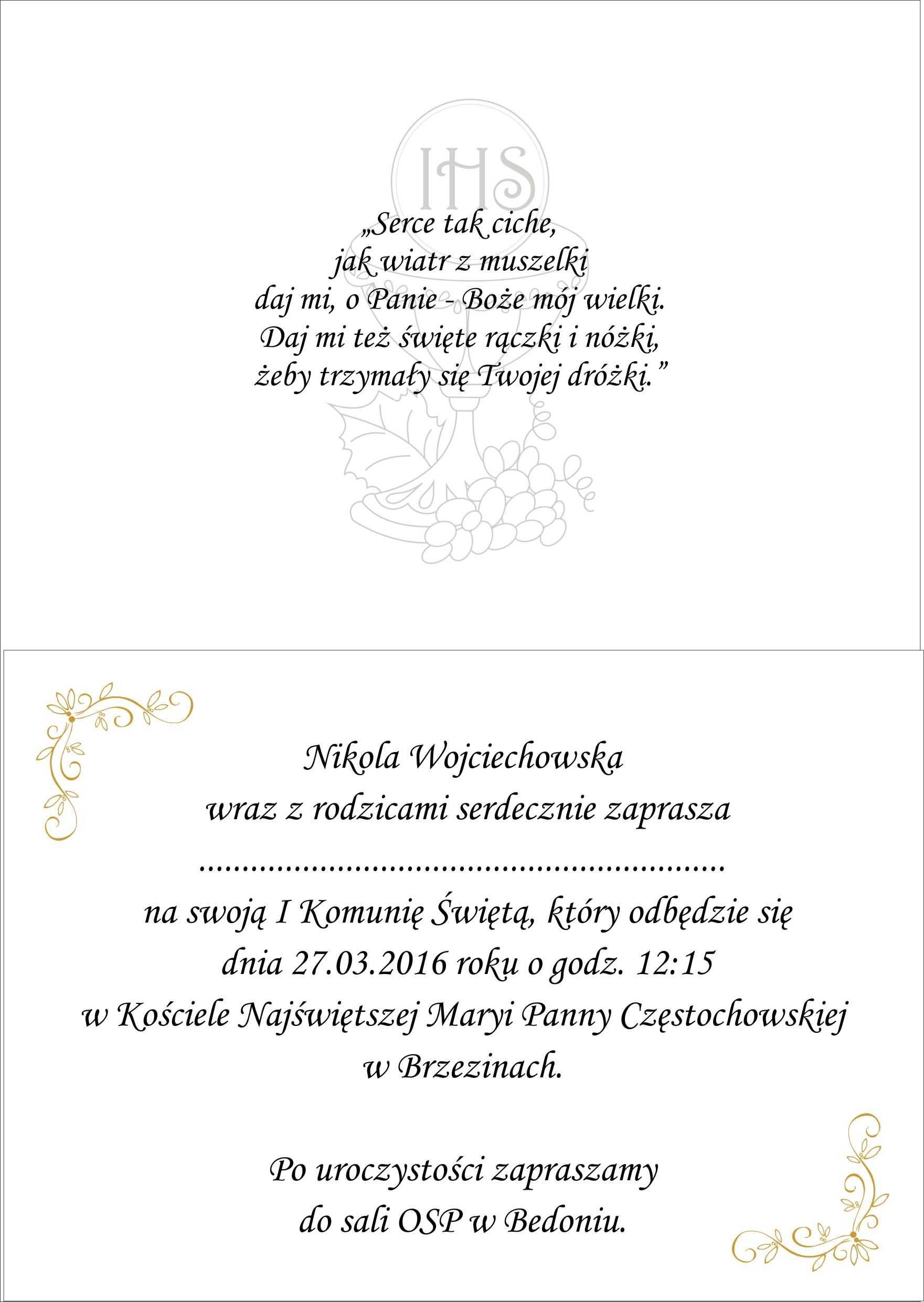 Zaproszenia komunijne ze zdjęciem dziecka + koperta