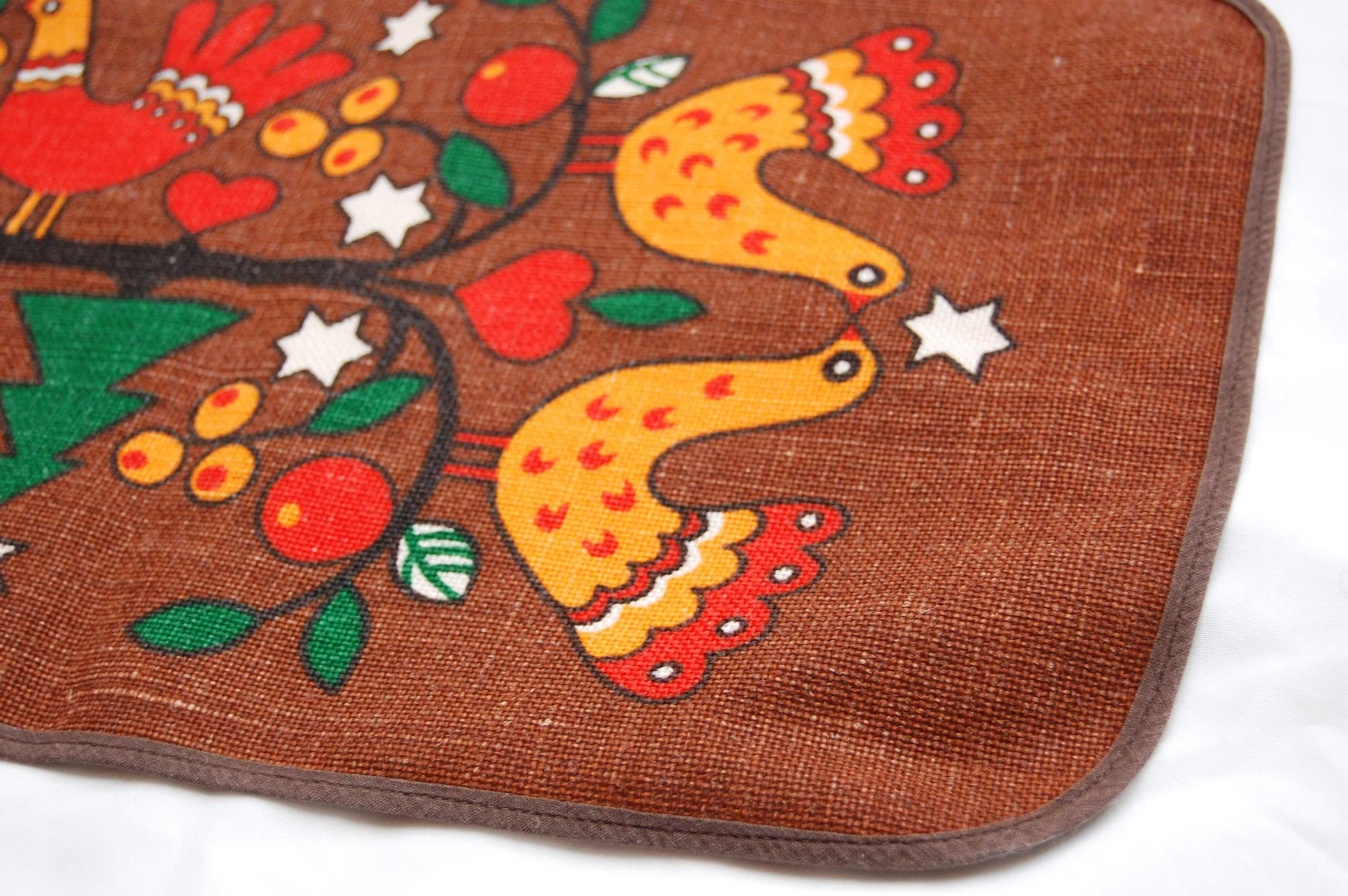 Bieżnik świąteczny, PRL, NRD, DDR, vintage, juta, nadruk, ptaki, folk
