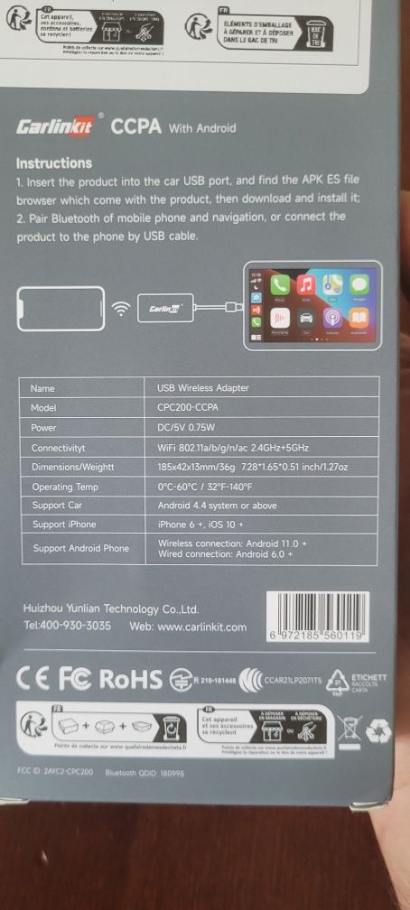 Android Auto bezprzewodowy Carlinkit CCPA , Apple Car