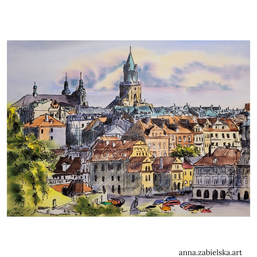 Pejzaż miejski Lublin 24x33 cm tusz I akwarela, prezent, architektura