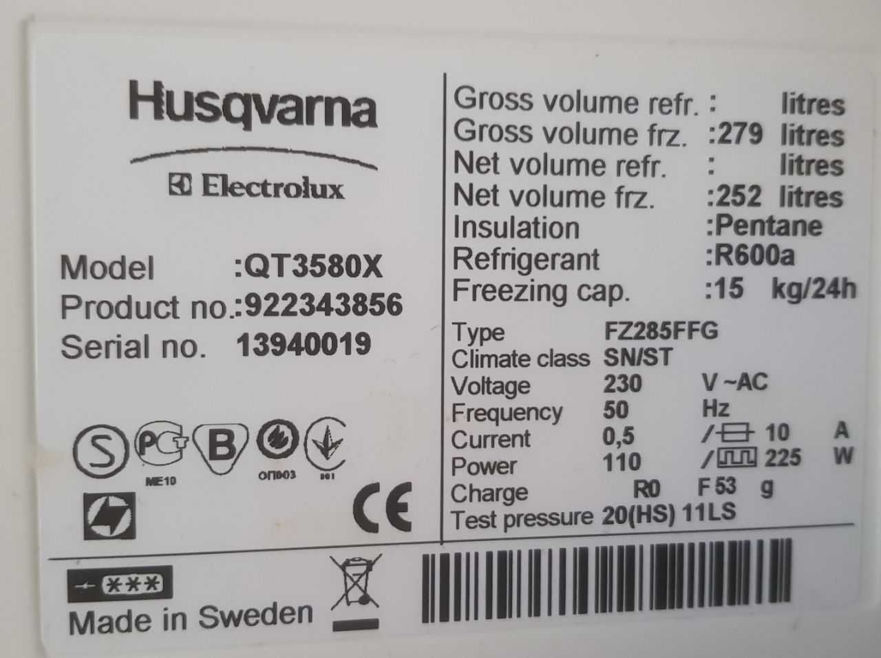 Морозильник Husqvarna  QT3580X ( 181 см) з Європи
