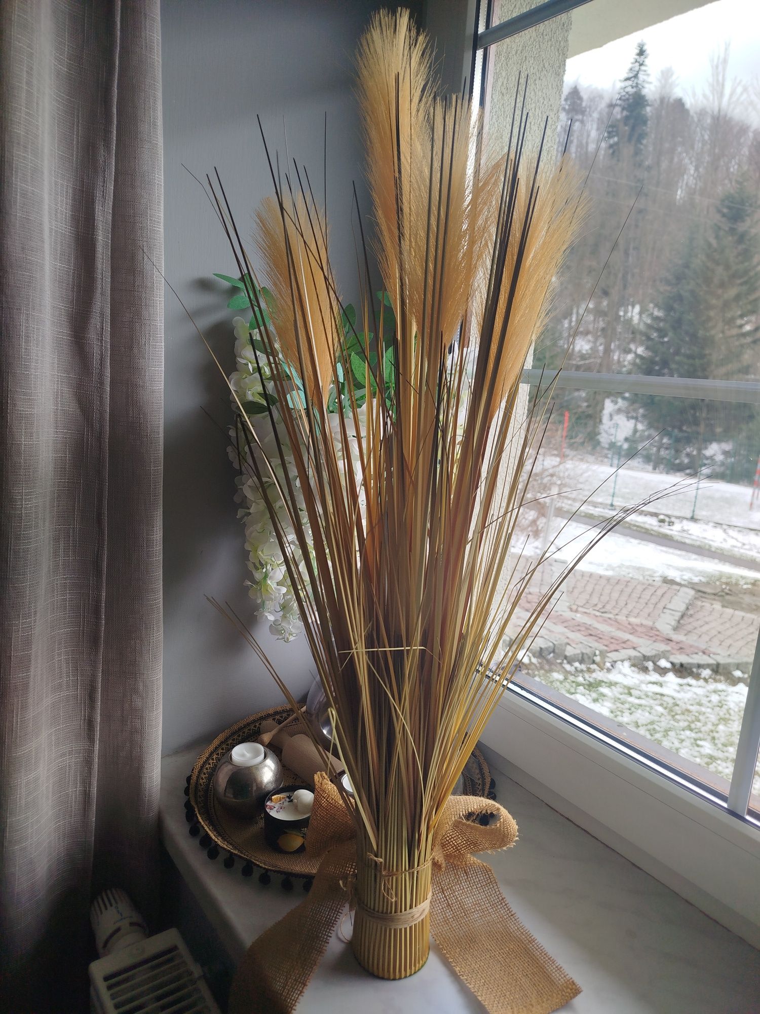 Duży stroik, sucha trawa, pomarańczowa ozdoba na stół, wys. 80 cm