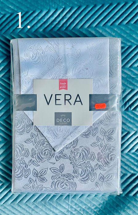 Nowy obrus plamoodporny srebrny 150 x 220 z białą szarfą 40 x 140