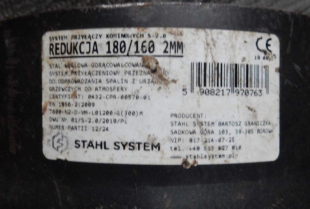 redukcja kominowa 180/160mm  2mm Stahl System