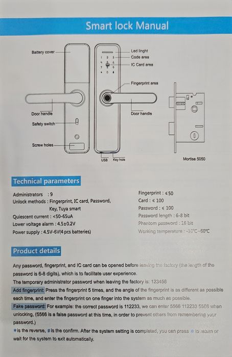 Klamka na kod+czytnik RFID+palec