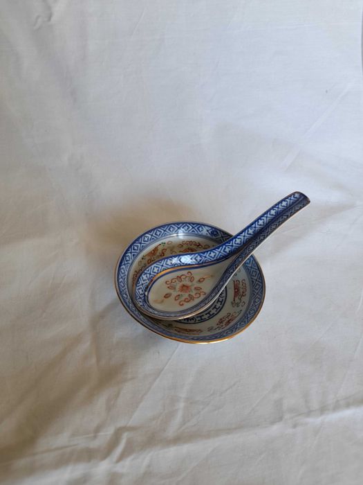 Conjunto antigo taça e colher chinesa
