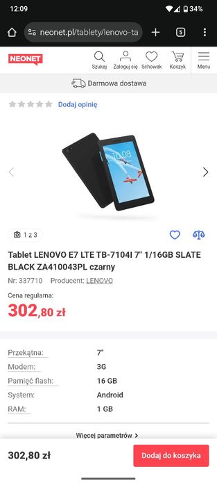 Tablet Lenovo TAB E7 1/16GB Android GO