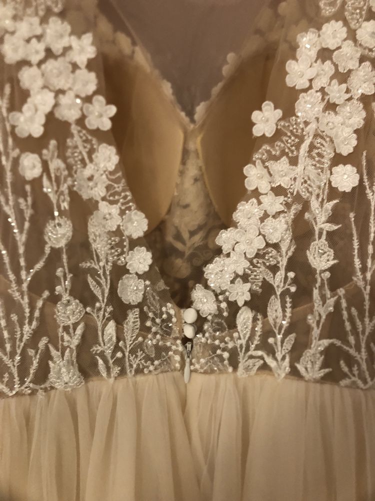 Suknia ślubna glamou34 ivory brzoskwinia tiul koronka dwa welony koło
