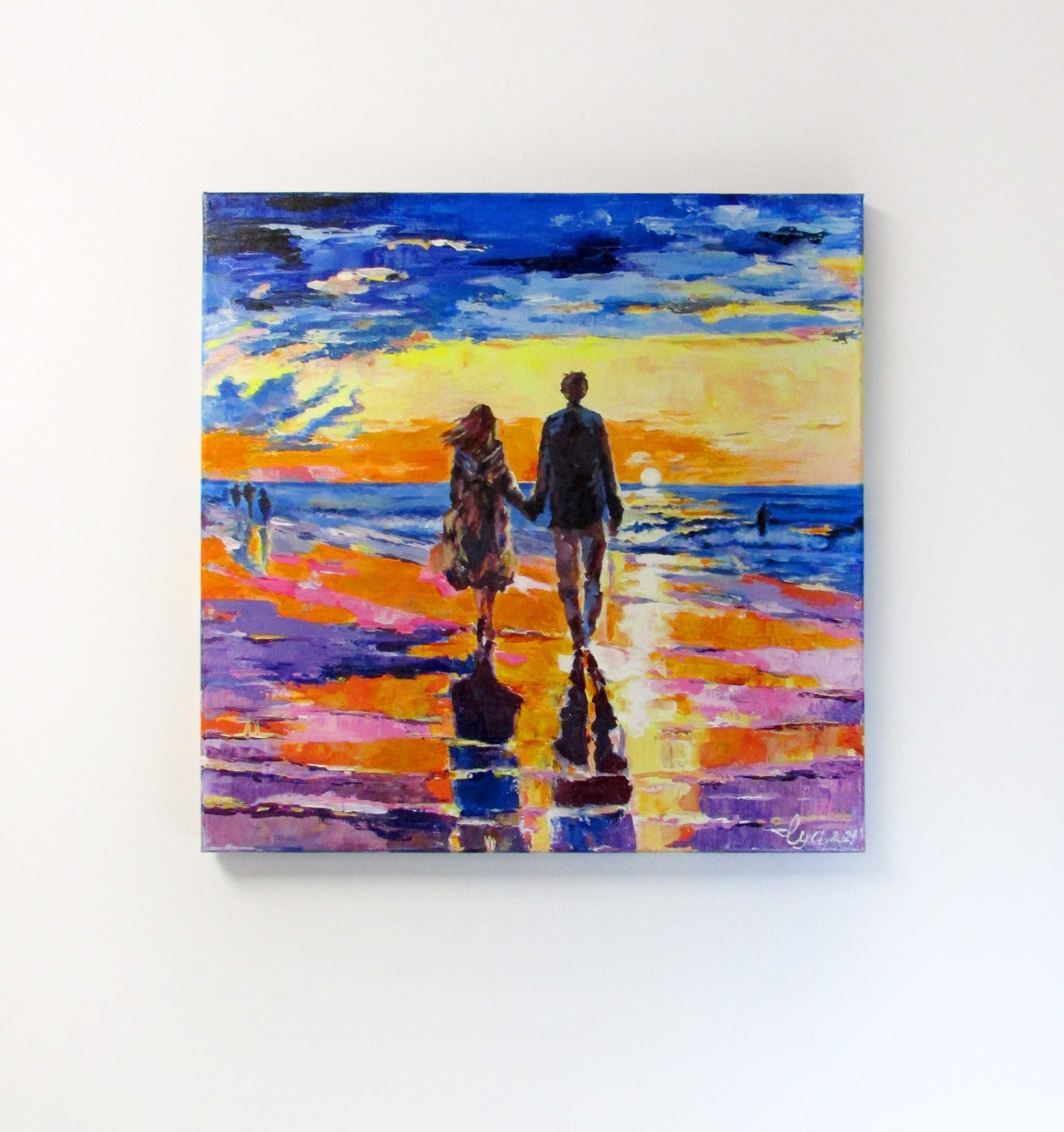 Miłość - Para wita zachód słońca na plaży. Najlepszy prezent! 50x50 sm