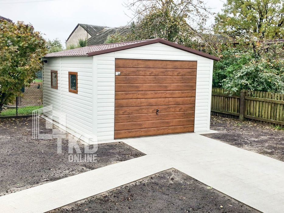 Garaż Blaszany 4X6 Brama 2X Okno - Biały + Ciemny Orzech  Tkd113