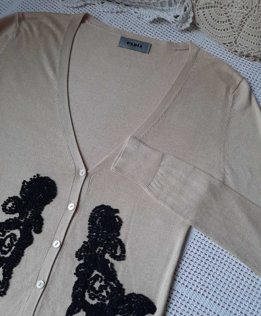 Pabia Jedwab Kaszmir beż czarny print sweter kardigan bluzka S
