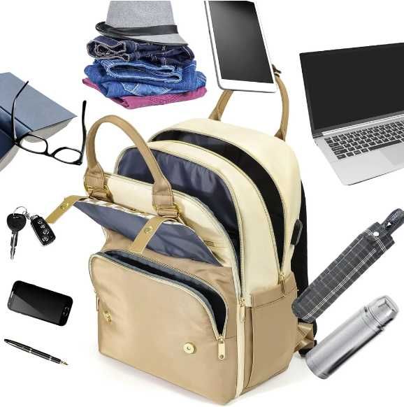 Plecak damski, na laptopa 15,6 cala z portem USB, beżowy