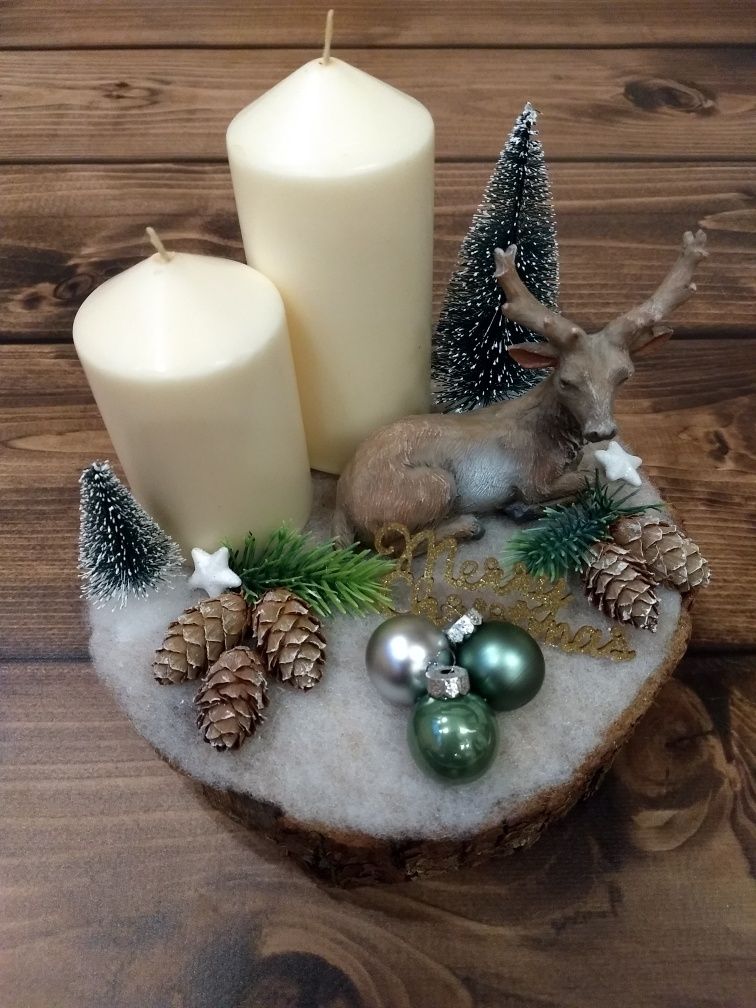 Stroik świąteczny - renifer - plaster drewna - handmade
