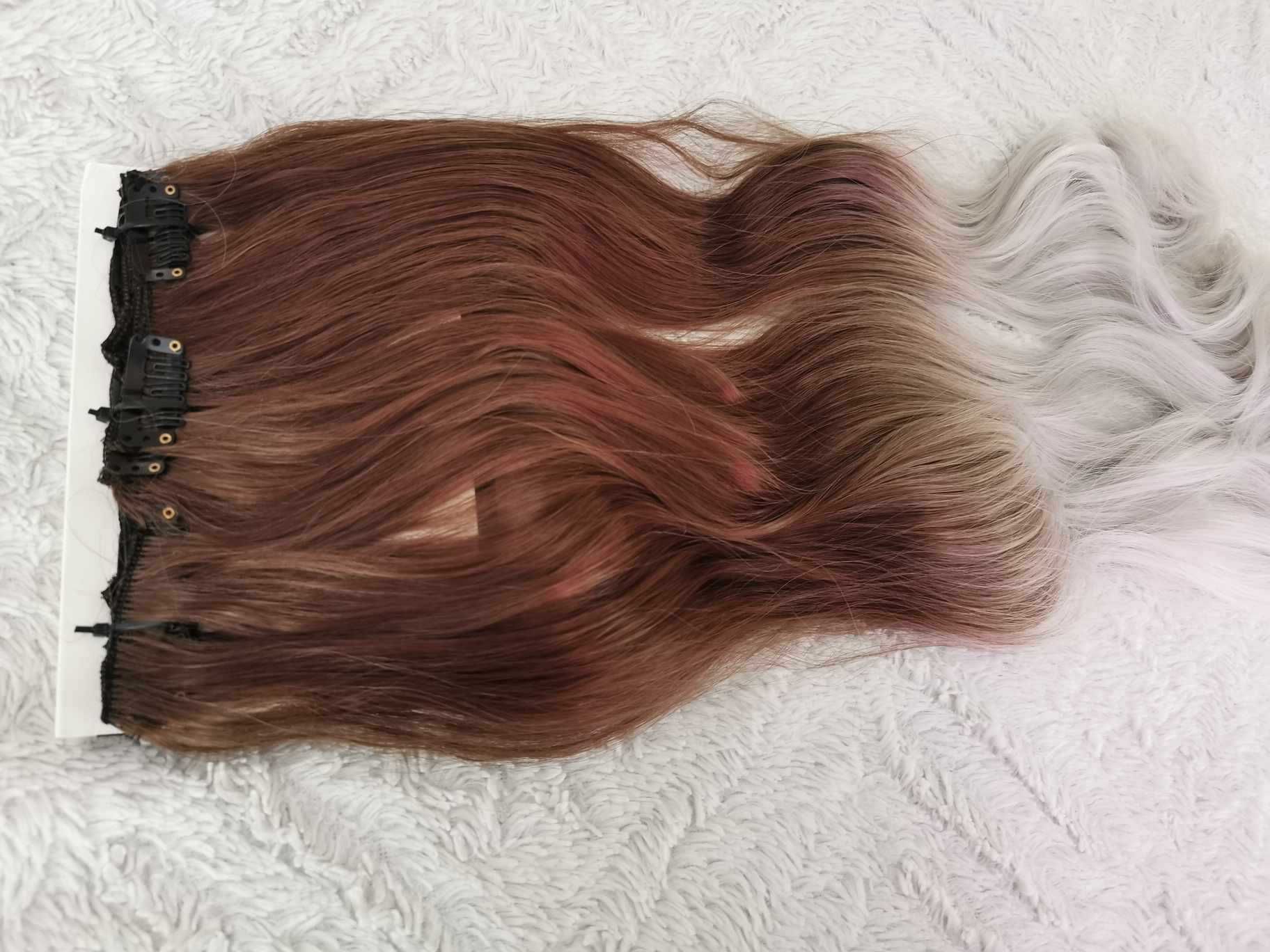 Doczepiane włosy clip in 65 cm ombre brąz srebro